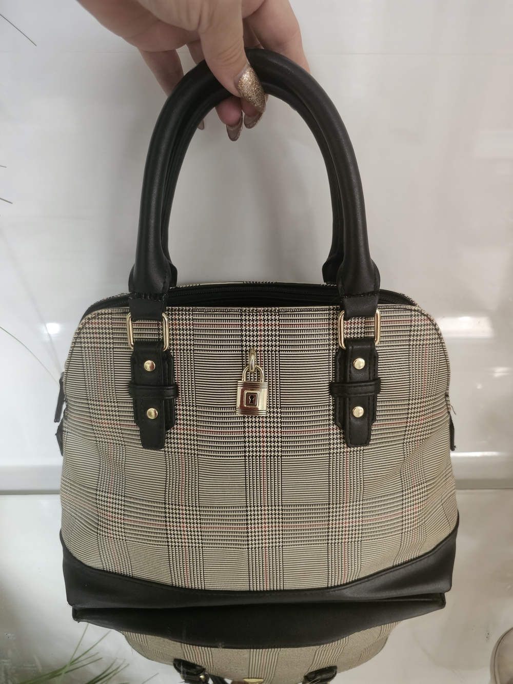 Plaid Top-Handle Satchel Handbag with Black Trim